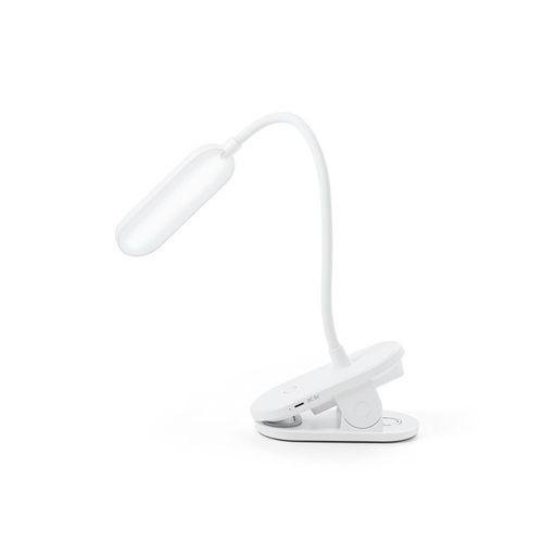 white NESBIT II. Lámpara de escritorio portátil con clip y 30h de autonomía, fabricados al 65% rABS