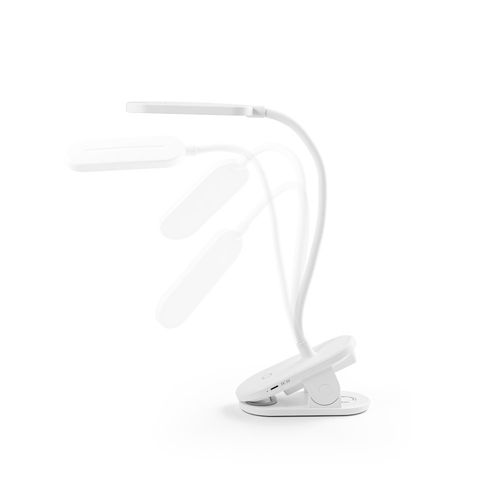 white NESBIT II. Lámpara de escritorio portátil con clip y 30h de autonomía, fabricados al 65% rABS