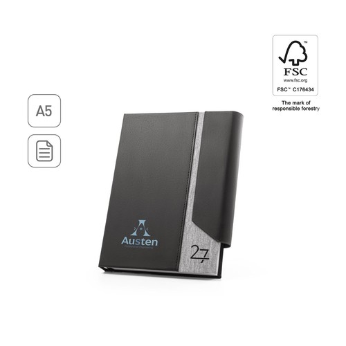 AUSTEN A5. AGENDA A5 EN PU (58% RECICLADO) Y POLIÉSTER RECICLADO (100% RPET) 300D
