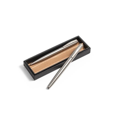 plateado satinado ELLA. Set de bolígrafo y roller con cuerpo de acero inoxidable (53% rSS) con clip