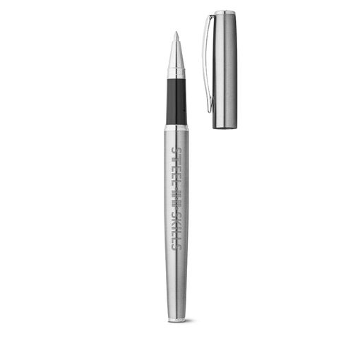 plateado satinado ELLA. Set de bolígrafo y roller con cuerpo de acero inoxidable (53% rSS) con clip