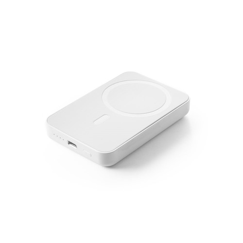 white AMPERE 5. Power bank magnético de 5'000 mAh con cargador inalámbrico superrápido de 15W en ABS reciclado (100% rABS)
