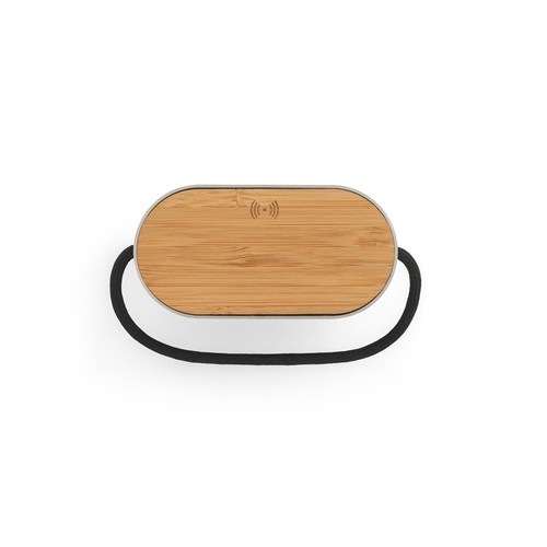 GUETTA. Enceinte portable de 5 W avec chargeur sans fil ultra-rapide de 15 W et autonomie de 2 h en bambou et PET recyclé (100 % rPET)