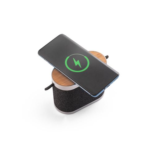 gris oscuro GUETTA. Altavoz portátil de 5 W con cargador inalámbrico ultrarrápido de 15 W y 2 h de duración de batería fabricado en bambú y PET reciclado (100% rPET)