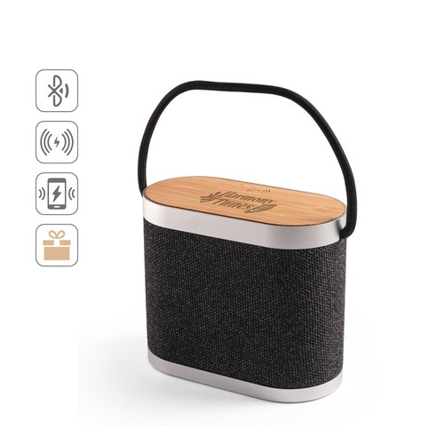 GUETTA. ALTAVOZ PORTÁTIL DE 5 W CON CARGADOR INALÁMBRICO ULTRARRÁPIDO DE 15 W Y 2 H DE DURACIÓN DE BATERÍA FABRICADO EN BAMBÚ Y PET RECICLADO (100% RPET)