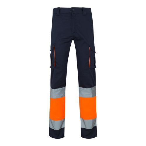 azul marino/naranja VL ZEUS LARGE. Pantalón elástico multibolsillos bicolor (240 g/m²), en algodón (46 %), EME (38 %) y poliéster (16 %)