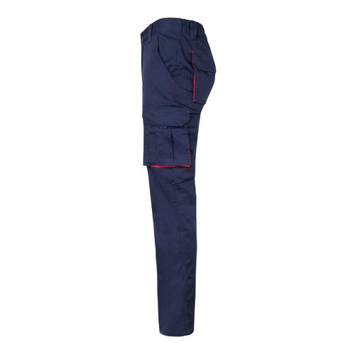 azul marino/rojo VL FIDES. Pantalón elástico bicolor multibolsillos (240g/m²), en algodón (46%), EME (38%) y poliéster (16%)