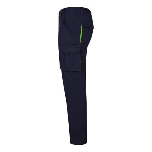 azul marino/verde VL FIDES. Pantalón elástico bicolor multibolsillos (240g/m²), en algodón (46%), EME (38%) y poliéster (16%)