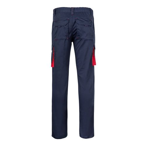 azul marino/rojo VL FIDES. Pantalón elástico bicolor multibolsillos (240g/m²), en algodón (46%), EME (38%) y poliéster (16%)