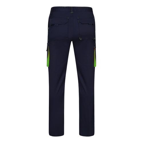 azul marino/verde VL FIDES. Pantalón elástico bicolor multibolsillos (240g/m²), en algodón (46%), EME (38%) y poliéster (16%)