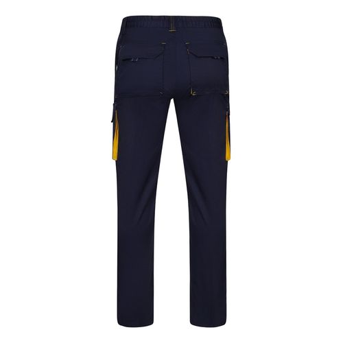 azul marino/amarillo VL FIDES. Pantalón elástico bicolor multibolsillos (240g/m²), en algodón (46%), EME (38%) y poliéster (16%)