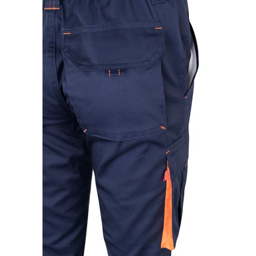 azul marino/naranja VL FIDES. Pantalón elástico bicolor multibolsillos (240g/m²), en algodón (46%), EME (38%) y poliéster (16%)