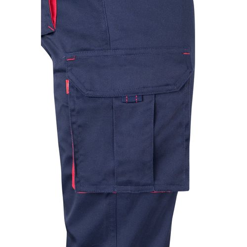 azul marino/rojo VL FIDES. Pantalón elástico bicolor multibolsillos (240g/m²), en algodón (46%), EME (38%) y poliéster (16%)