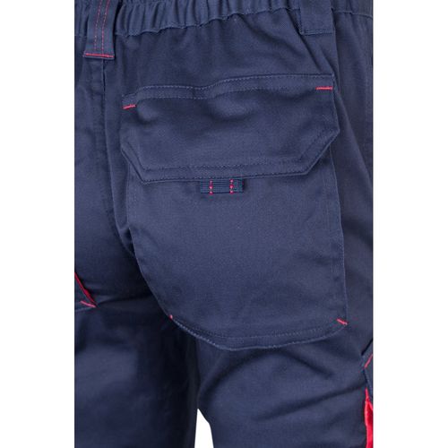 azul marino/rojo VL FIDES. Pantalón elástico bicolor multibolsillos (240g/m²), en algodón (46%), EME (38%) y poliéster (16%)