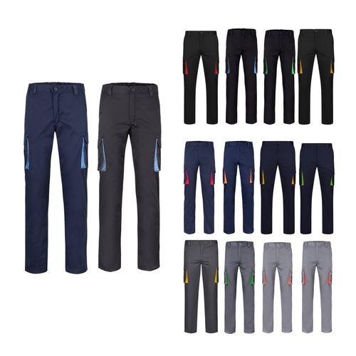VL FIDES. PANTALÓN ELÁSTICO BICOLOR MULTIBOLSILLOS (240G/M²), EN ALGODÓN (46%), EME (38%) Y POLIÉSTER (16%)