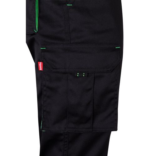 negro/verde VL FIDES. Pantalón elástico bicolor multibolsillos (240g/m²), en algodón (46%), EME (38%) y poliéster (16%)
