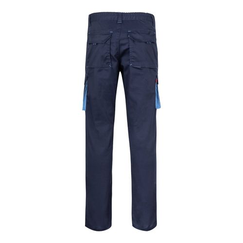 azul marino/azul claro VL FIDES. Pantalón elástico bicolor multibolsillos (240g/m²), en algodón (46%), EME (38%) y poliéster (16%)