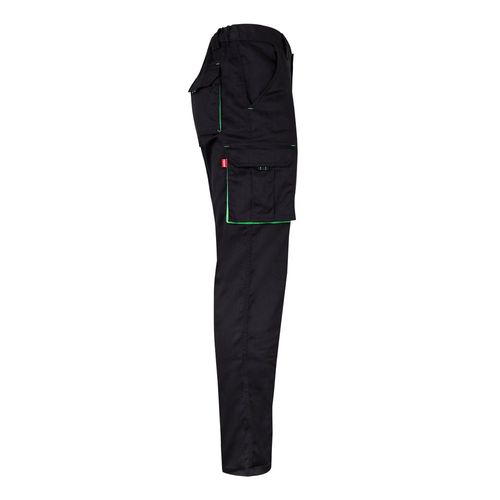 negro/verde VL FIDES. Pantalón elástico bicolor multibolsillos (240g/m²), en algodón (46%), EME (38%) y poliéster (16%)