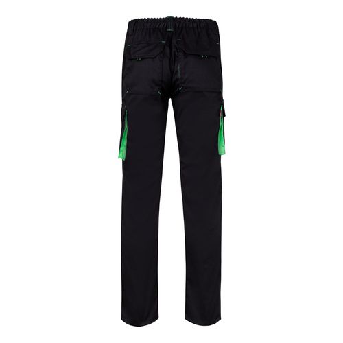 negro/verde VL FIDES. Pantalón elástico bicolor multibolsillos (240g/m²), en algodón (46%), EME (38%) y poliéster (16%)