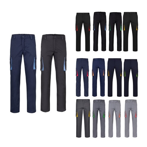 VL FIDES. Pantalón elástico bicolor multibolsillos (240g/m²), en algodón (46%), EME (38%) y poliéster (16%)