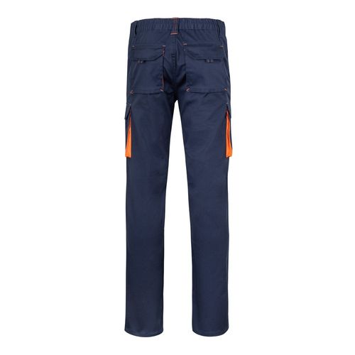 azul marino/naranja VL FIDES. Pantalón elástico bicolor multibolsillos (240g/m²), en algodón (46%), EME (38%) y poliéster (16%)