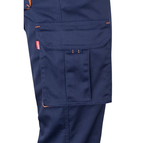 azul marino/naranja VL FIDES. Pantalón elástico bicolor multibolsillos (240g/m²), en algodón (46%), EME (38%) y poliéster (16%)