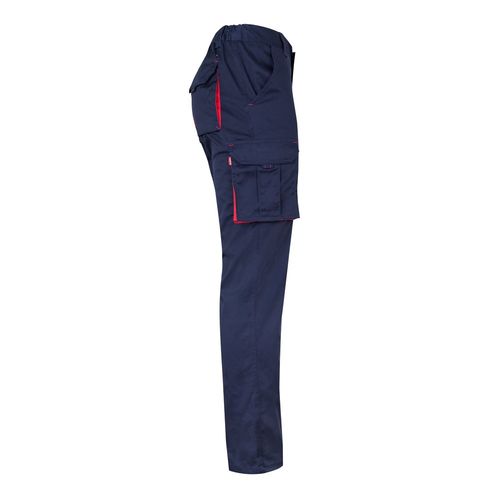 azul marino/rojo VL FIDES. Pantalón elástico bicolor multibolsillos (240g/m²), en algodón (46%), EME (38%) y poliéster (16%)