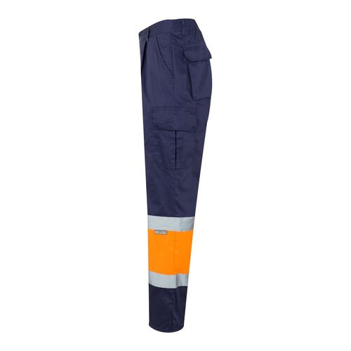 azul marino/naranja VL ATHENA. Pantalón de sarga bicolor (210 g/m²), forrado, multibolsillos, en algodón (20 %) y poliéster (80 %)