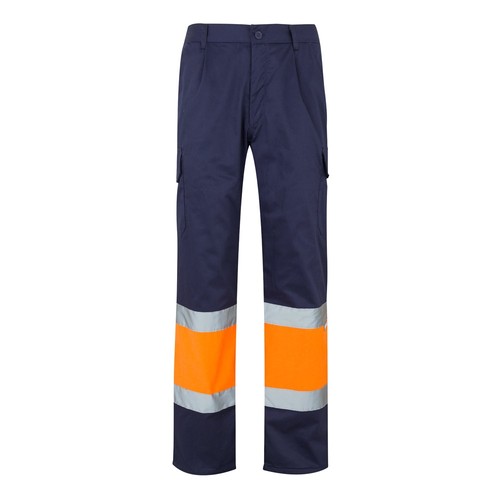 azul marino/naranja VL ATHENA. Pantalón de sarga bicolor (210 g/m²), forrado, multibolsillos, en algodón (20 %) y poliéster (80 %)