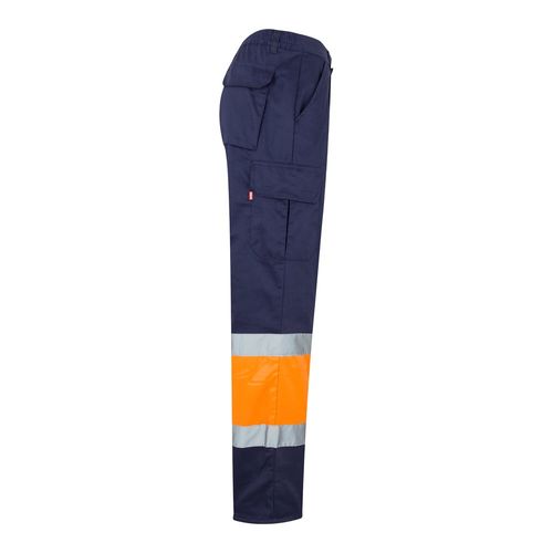 azul marino/naranja VL ATHENA. Pantalón de sarga bicolor (210 g/m²), forrado, multibolsillos, en algodón (20 %) y poliéster (80 %)