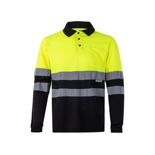negro/amarillo VL VULCAN. Polo bicolor ojo de pájaro (160g/m²) con manga larga, en poliéster (100%)
