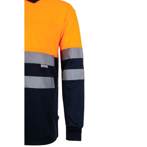 azul marino/naranja VL VULCAN. Polo bicolor ojo de pájaro (160g/m²) con manga larga, en poliéster (100%)