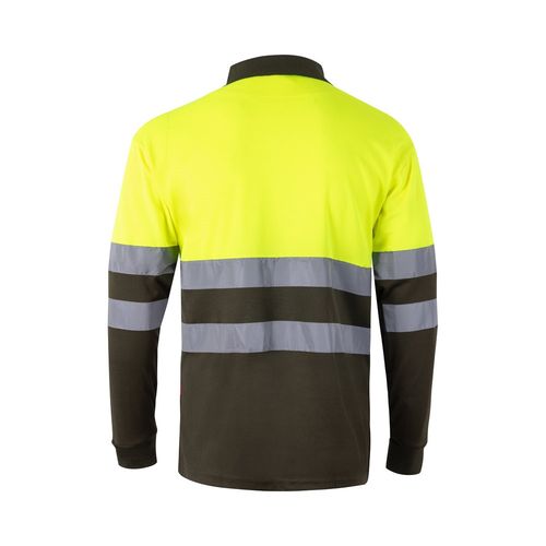 kaki/amarillo VL VULCAN. Polo bicolor ojo de pájaro (160g/m²) con manga larga, en poliéster (100%)