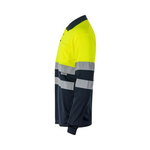 azul marino/amarillo VL VULCAN. Polo bicolor ojo de pájaro (160g/m²) con manga larga, en poliéster (100%)