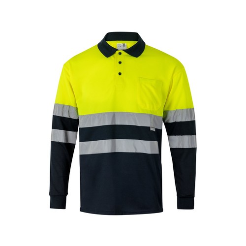 azul marino/amarillo VL VULCAN. Polo bicolor ojo de pájaro (160g/m²) con manga larga, en poliéster (100%)