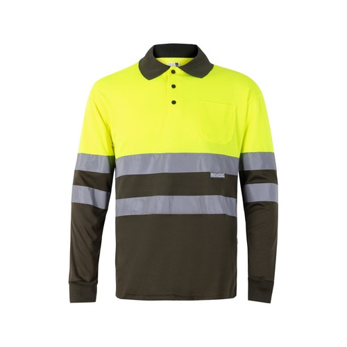 kaki/amarillo VL VULCAN. Polo bicolor ojo de pájaro (160g/m²) con manga larga, en poliéster (100%)