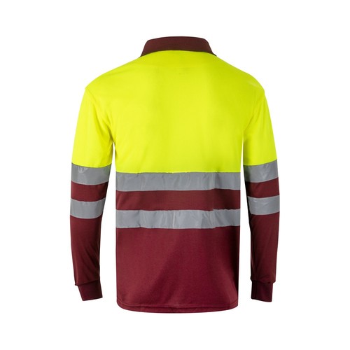 burdeos/amarillo VL VULCAN. Polo bicolor ojo de pájaro (160g/m²) con manga larga, en poliéster (100%)