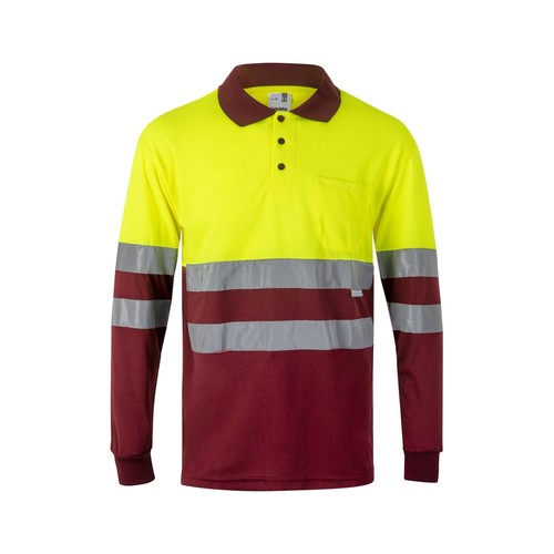 burdeos/amarillo VL VULCAN. Polo bicolor ojo de pájaro (160g/m²) con manga larga, en poliéster (100%)