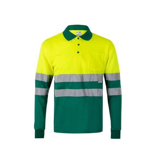 verde/amarillo VL VULCAN LARGE. Polo bicolor ojo de pájaro (160g/m²) con manga larga, en poliéster (100%)