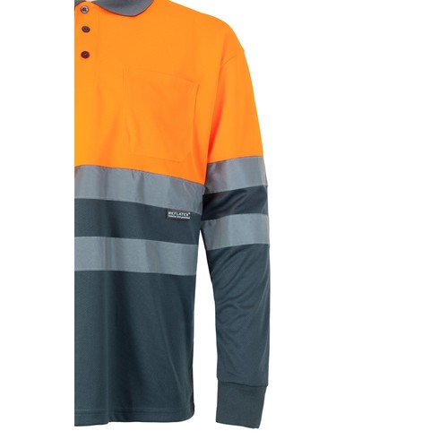 gris/naranja VL VULCAN LARGE. Polo bicolor ojo de pájaro (160g/m²) con manga larga, en poliéster (100%)