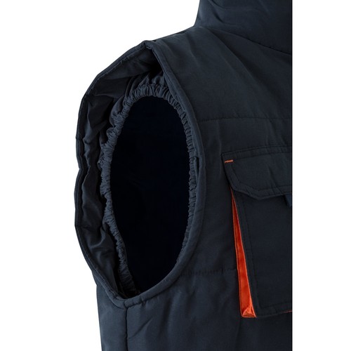 azul marino/naranja VL NERGAL. Chaleco acolchado, bicolor, multibolsillos (120g/m²), en poliéster (100%)