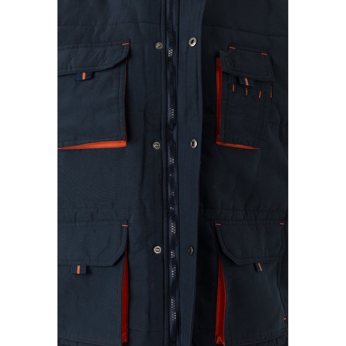 azul marino/naranja VL NERGAL. Chaleco acolchado, bicolor, multibolsillos (120g/m²), en poliéster (100%)
