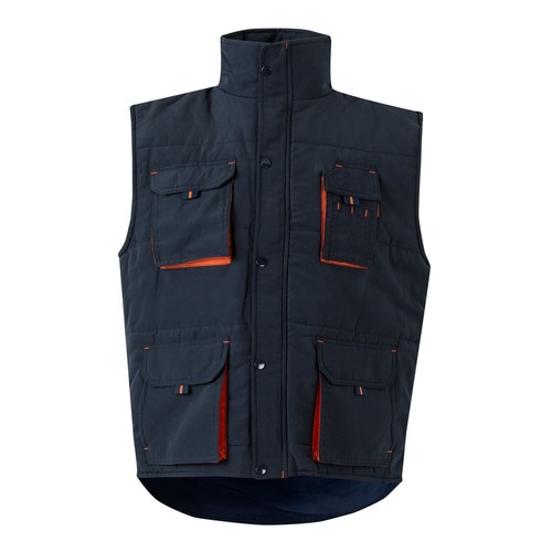 azul marino/naranja VL NERGAL. Chaleco acolchado, bicolor, multibolsillos (120g/m²), en poliéster (100%)