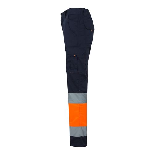 azul marino/naranja VL ZEUS. Pantalón elástico multibolsillos bicolor (240 g/m²), en algodón (46 %), EME (38 %) y poliéster (16 %)