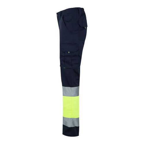 azul marino/amarillo VL ZEUS. Pantalón elástico multibolsillos bicolor (240 g/m²), en algodón (46 %), EME (38 %) y poliéster (16 %)
