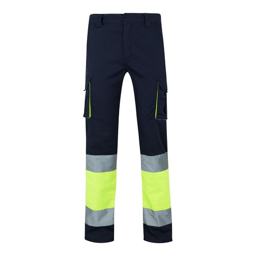 azul marino/amarillo VL ZEUS. Pantalón elástico multibolsillos bicolor (240 g/m²), en algodón (46 %), EME (38 %) y poliéster (16 %)