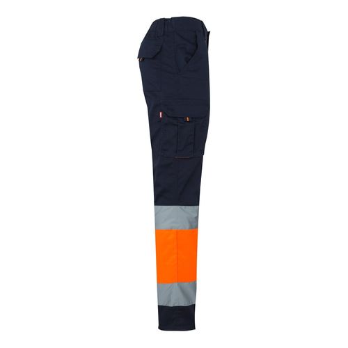 azul marino/naranja VL ZEUS. Pantalón elástico multibolsillos bicolor (240 g/m²), en algodón (46 %), EME (38 %) y poliéster (16 %)