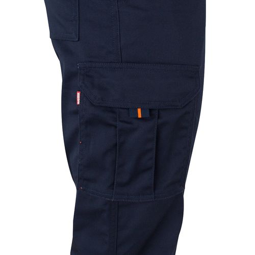 azul marino/naranja VL ZEUS. Pantalón elástico multibolsillos bicolor (240 g/m²), en algodón (46 %), EME (38 %) y poliéster (16 %)