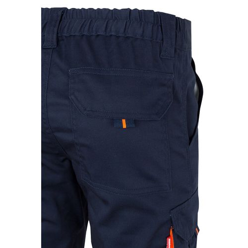 azul marino/naranja VL ZEUS. Pantalón elástico multibolsillos bicolor (240 g/m²), en algodón (46 %), EME (38 %) y poliéster (16 %)