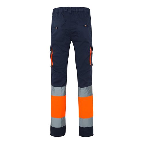 azul marino/naranja VL ZEUS. Pantalón elástico multibolsillos bicolor (240 g/m²), en algodón (46 %), EME (38 %) y poliéster (16 %)